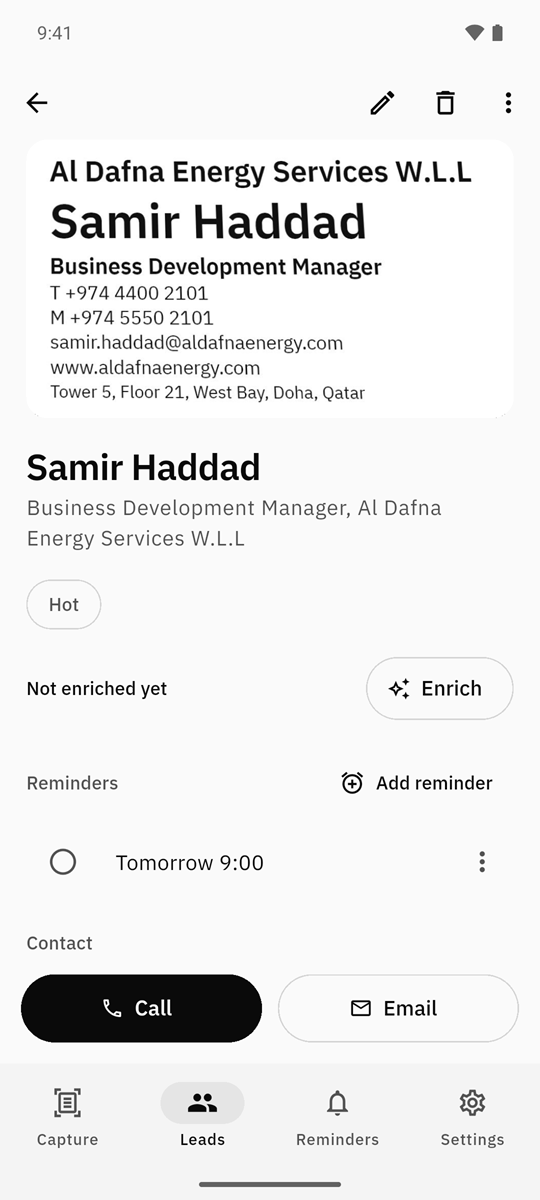 Lead page for Samir Haddad showing the card photo, a Hot label, a follow-up reminder for tomorrow at 9:00, and Call and Email buttons