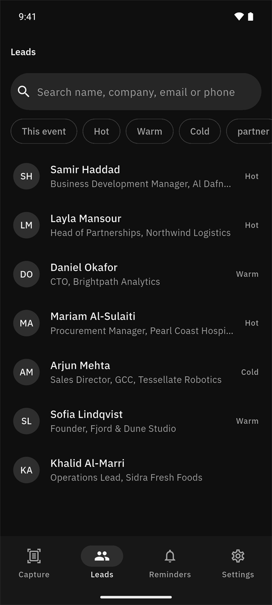 Leads list in dark mode with seven people, their titles and companies, and Hot, Warm or Cold labels