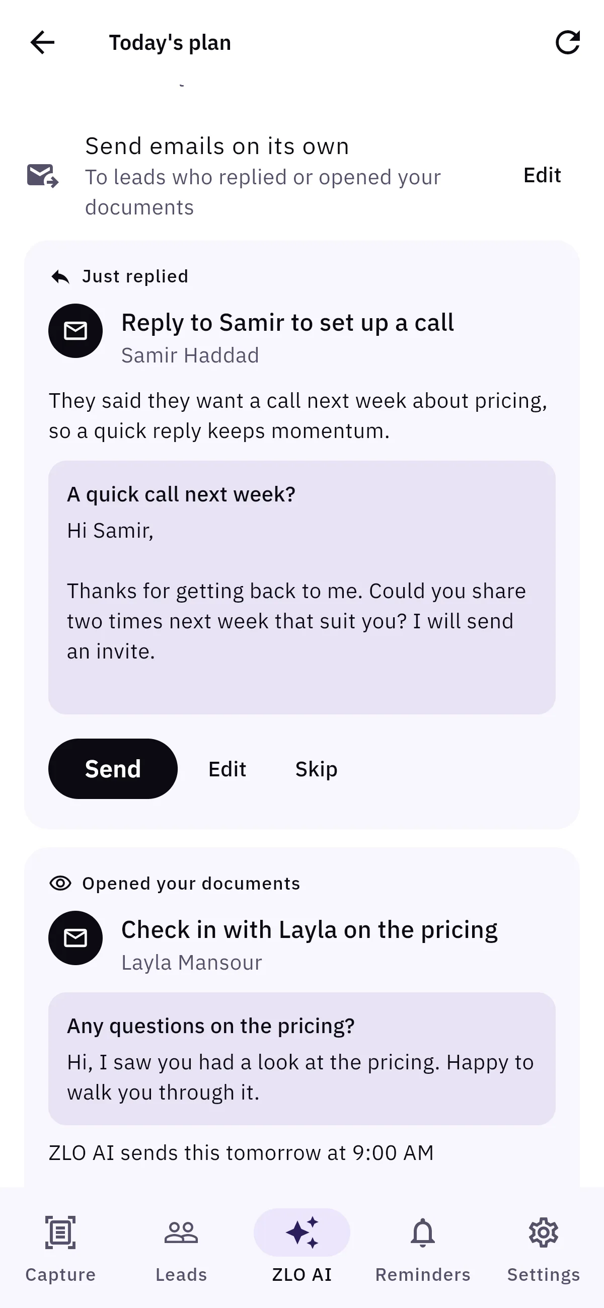 Today's plan, further down: an email to Layla that ZLO AI will send tomorrow at 9:00, with a Don't send button