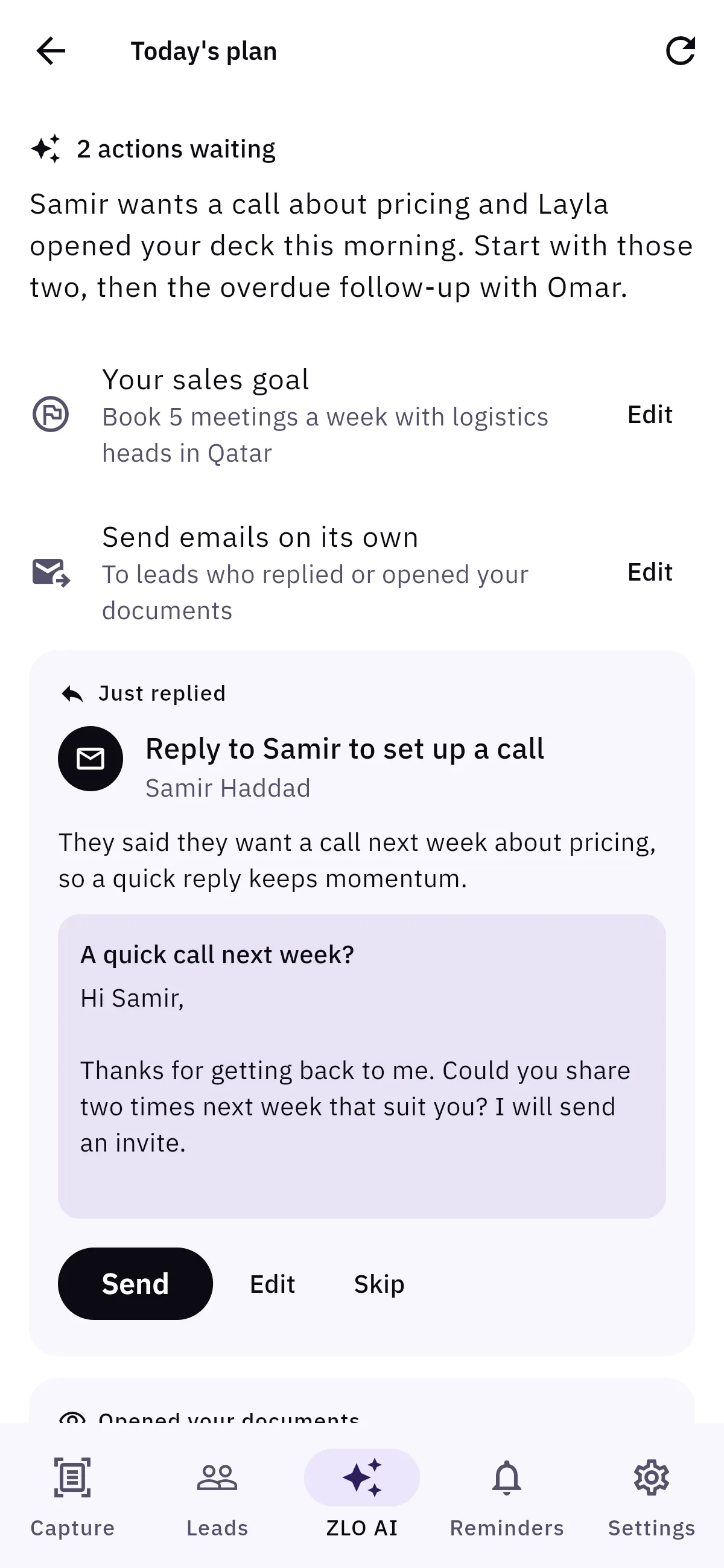 Today's plan in ZLO: a morning brief, the sales goal, and a ready reply to Samir, who just replied, with Send, Edit and Skip buttons