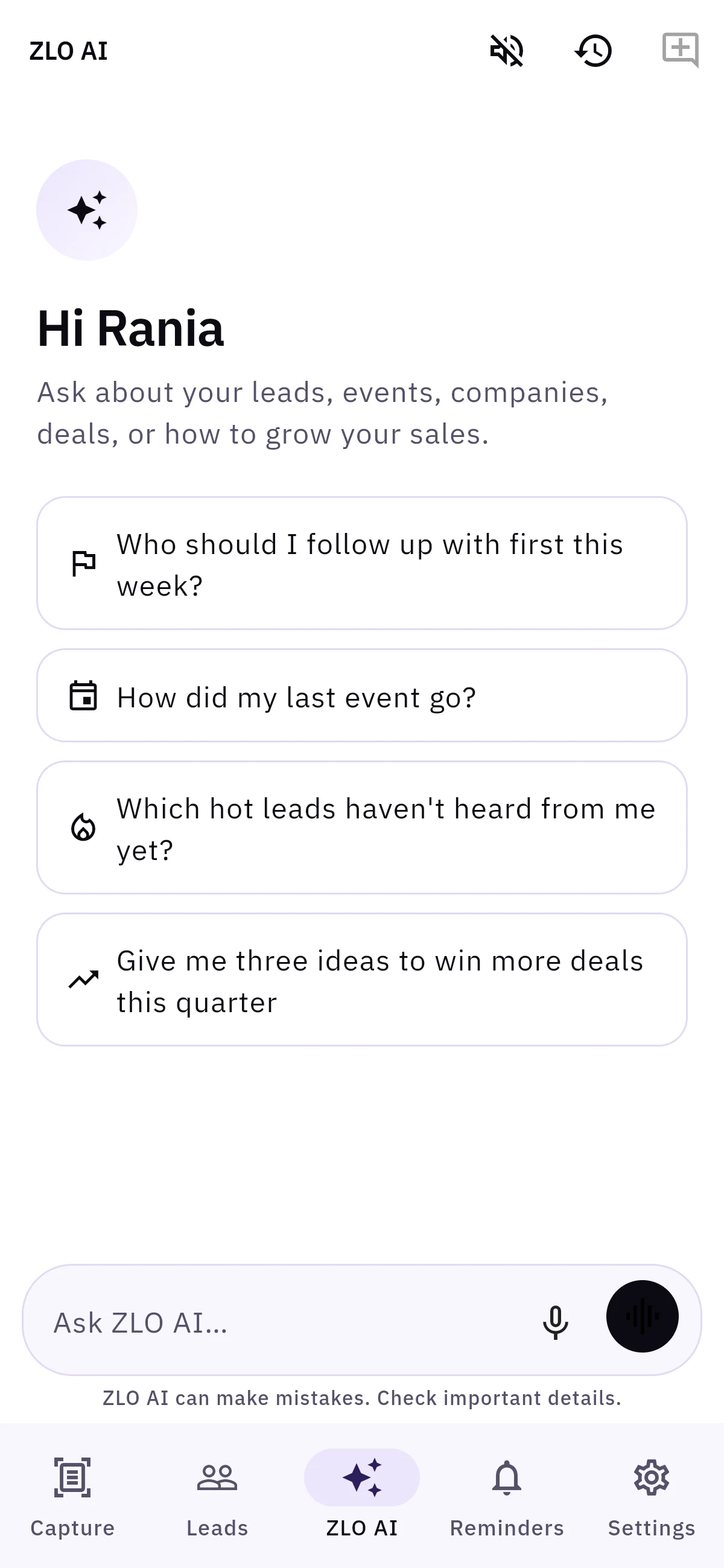 ZLO AI tab greeting the user by name with four questions to start from, such as Who should I follow up with first this week?